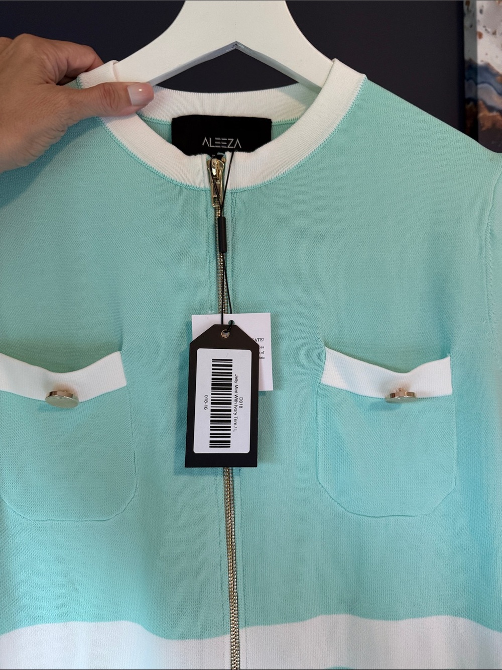 Aleeza Paris NWT Jelly Mint Green L (fitted M) Zip Front  with White Trim - Picture 6 of 10